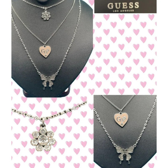Guess Silver Logo Pave Butterfly Heart Pave Flower Charm 3 Strand Chain Necklace - Picture 1 of 6